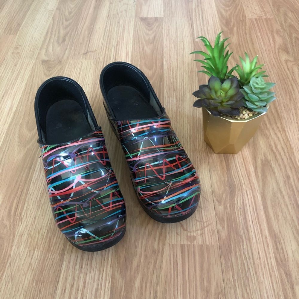 Dansko Black Patent Clogs with Multicolor Stripes